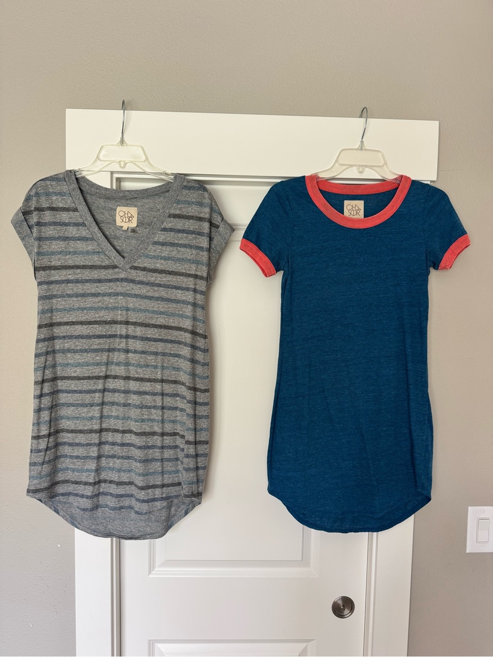 Chaser T-Shirt Dresses- set of 2 Gray Stripe V-Neck & blue / pink scoop neck